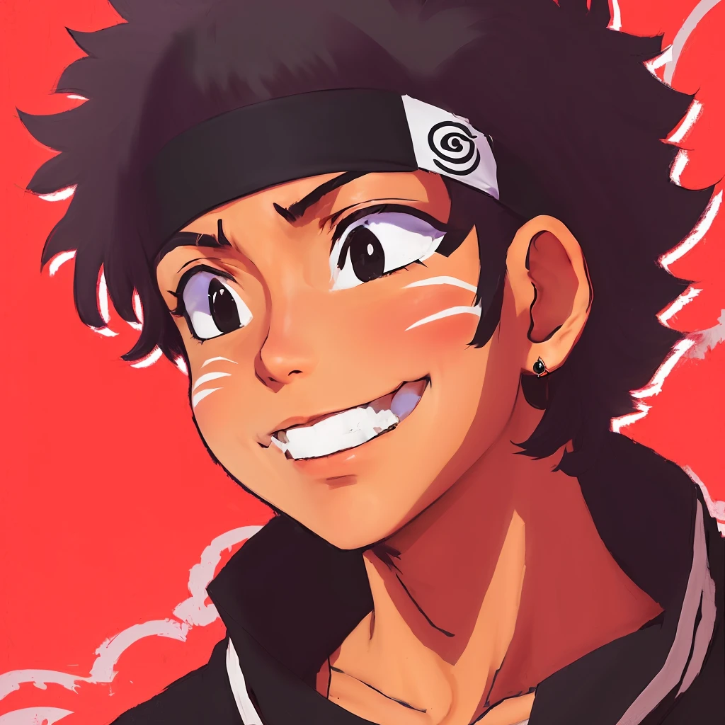 anime character with black hair and white bandana, Otaku de Ganga, Akira Akatsuki, inspired by Okumura Masanobu, ohararyu, eat and drink, Hinata Hyuuga, [[[[smiling evilly]]]], inspired by Ryuzaburo Umehara, malicious smile,Putting earrings on the character makes him more stylish, black, with high resolution and shading.