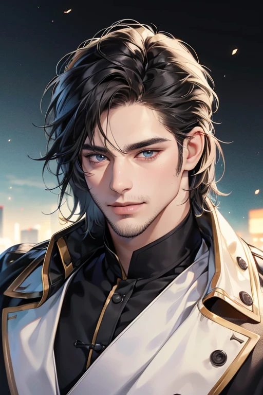 (best quality,4k,8k,highres,masterpiece:1.2),ultra-detailed,(realistic,photorealistic,photo-realistic:1.37),30 year old man,3 day beard,handsome anime,portraits,strong,masculine,dark hair,sharp jawline,mesmerizing eyes,perfectly styled hair,cool anime outfit,confident expression,vibrant colors,dynamic lighting, CEO and expression smile in love.