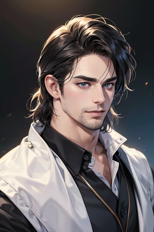 (best quality,4k,8k,highres,masterpiece:1.2),ultra-detailed,(realistic,photorealistic,photo-realistic:1.37),30 year old man,3 day beard,handsome anime,portraits,strong,masculine,dark hair,sharp jawline,mesmerizing eyes,perfectly styled hair,cool anime outfit,confident expression,vibrant colors,dynamic lighting, CEO and expression smile in love.