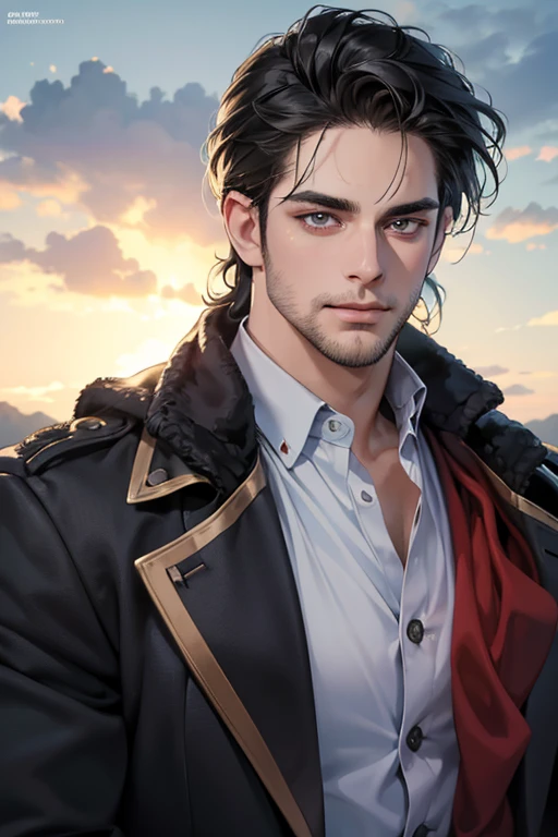 (best quality,4k,8k,highres,masterpiece:1.2),ultra-detailed,(realistic,photorealistic,photo-realistic:1.37),30 year old man,3 day beard,handsome anime,portraits,strong,masculine,dark hair,sharp jawline,mesmerizing eyes,perfectly styled hair,cool anime outfit,confident expression,vibrant colors,dynamic lighting, CEO and expression smile in love.