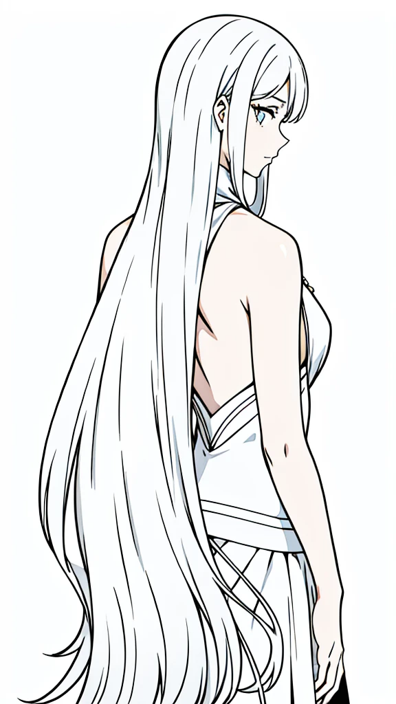 woman,40 years old,solo,long hair,white hair,(white background,line drawing),from back
