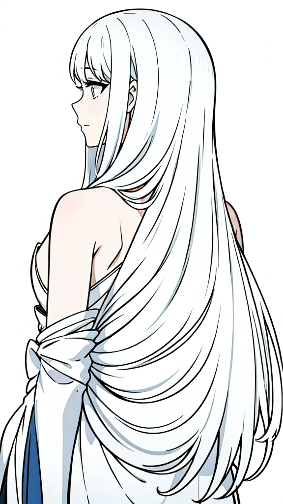 woman,40 years old,solo,long hair,white hair,(white background,line drawing),from back
