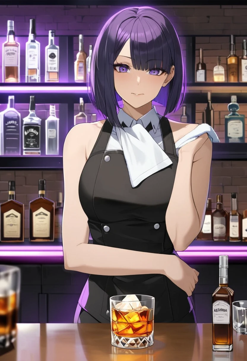 Adult Female, Black purple hair, slanted bob haircut, phlegmatic, stoic expression, perfect purple eyes, cyberpunk bar, bartender, bartender uniform, highly detailed, high quality, perfect quality, 8k, cleaning whiskey glass with towel, solid black pupils, shading