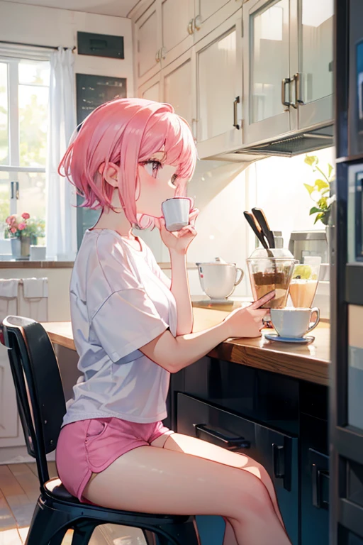 Disney Pixar style, cute girl with short pink hair with bangs, wearing a white shirt and pink shorts, looking away, is sitting in a chair facing a table in a kitchen, drinking coffee, realistc, 8k