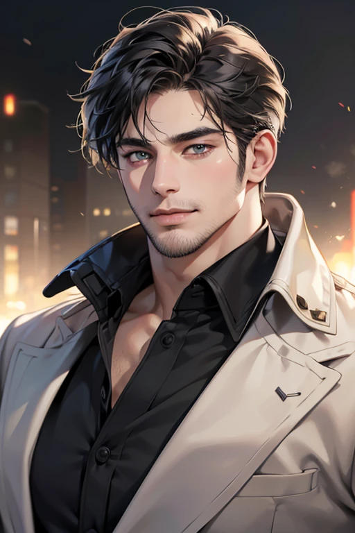 (best quality,4k,8k,highres,masterpiece:1.2),ultra-detailed,(realistic,photorealistic,photo-realistic:1.37),30 year old man,3 day beard,handsome anime,portraits,strong,masculine,dark hair,sharp jawline,mesmerizing eyes,perfectly styled hair,cool anime outfit,confident expression,vibrant colors,dynamic lighting, CEO and expression smile in love.
