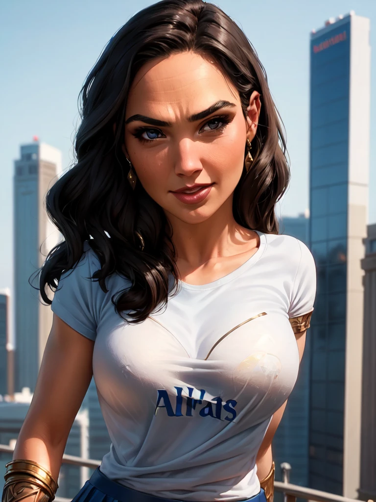 g4lg, wonder woman, ((wearing a white Real Madrid tshirt)), happy, smilling, (pretty face:1.2), (finely detailed face and beautiful eyes), mature female, muscle, bare hands, (armlet, blue armor skirt, bracer, head ring ), (black eyes, black long hair, messy hair, floating hair), ((white Real Madrid tshirt)), (long proportional legs), (best quality:1.1),(city background:1.2), dark_fantasy,, ((masterpiece)), 