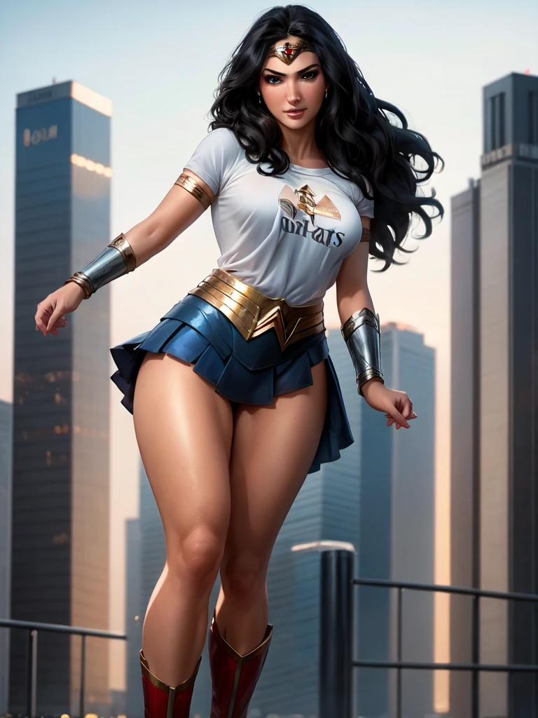 g4lg, wonder woman, ((wearing a white Real Madrid tshirt)), happy, smilling, (pretty face:1.2), (finely detailed face and beautiful eyes), mature female, muscle, bare hands, (armlet, blue armor skirt, bracer, head ring ), (black eyes, black long hair, messy hair, floating hair), ((white Real Madrid tshirt)), (long proportional legs), (best quality:1.1),(city background:1.2), dark_fantasy,, ((masterpiece)), 