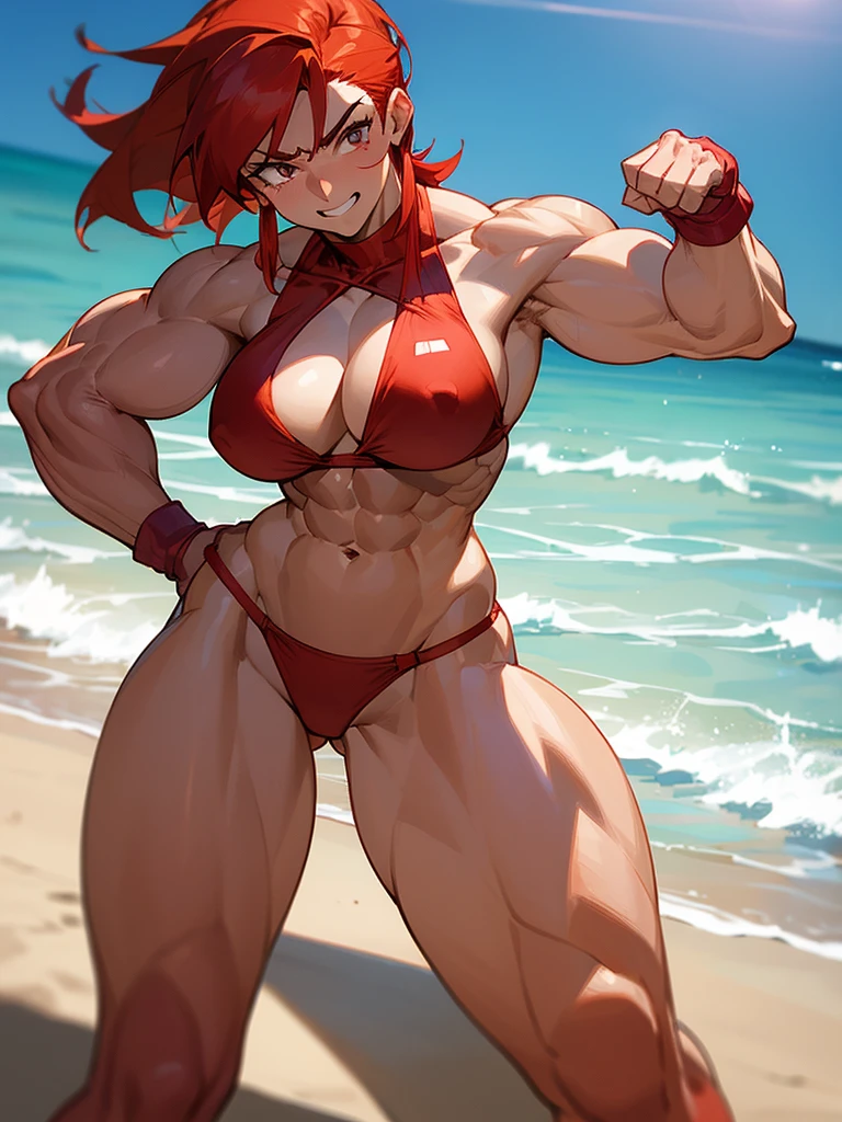 Anime redhead muscle mommy in a red thong bikini flexing her muscles in a front double biceps pose to pridefully show off her rock hard abs on a white sanded beach, highly detailed
