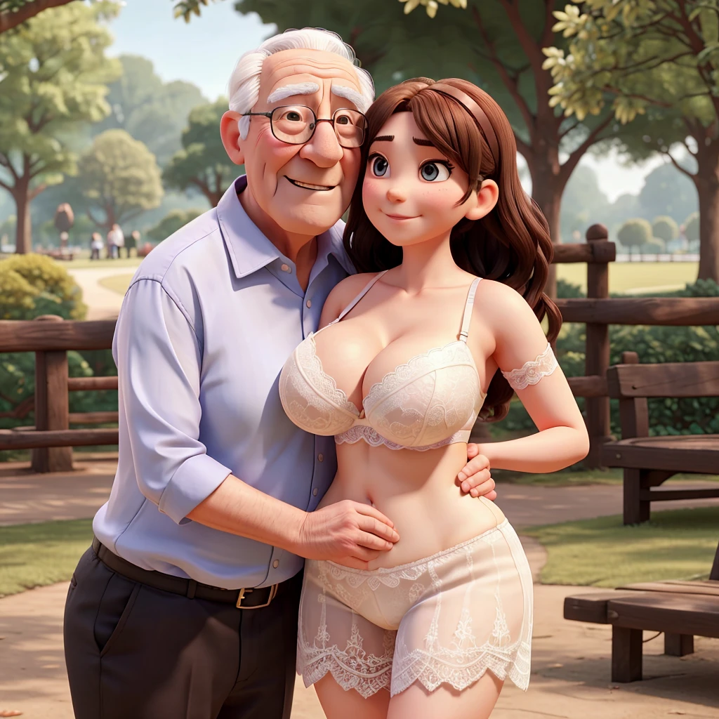 Thin 25 year old granddaughter with huge breasts in lace bra hugging her grandfather in the park 