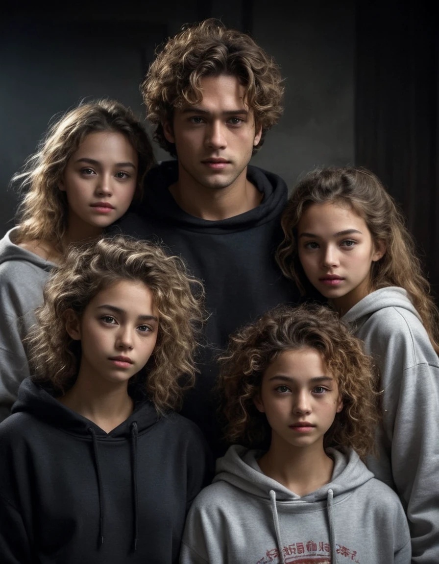 a man with a sweatshirt and messy hair and 3 girls with curly hair going through all their memories that are in photos looking for something, mystery movie, investigation,photorrealistic,14k HD quality,highy detailed,Vibrant,more coherent,super high quality,modern hyper-realistic,black colors, with the title of the film being "THE LEGEND OF THE YORDEN TEMPLE"