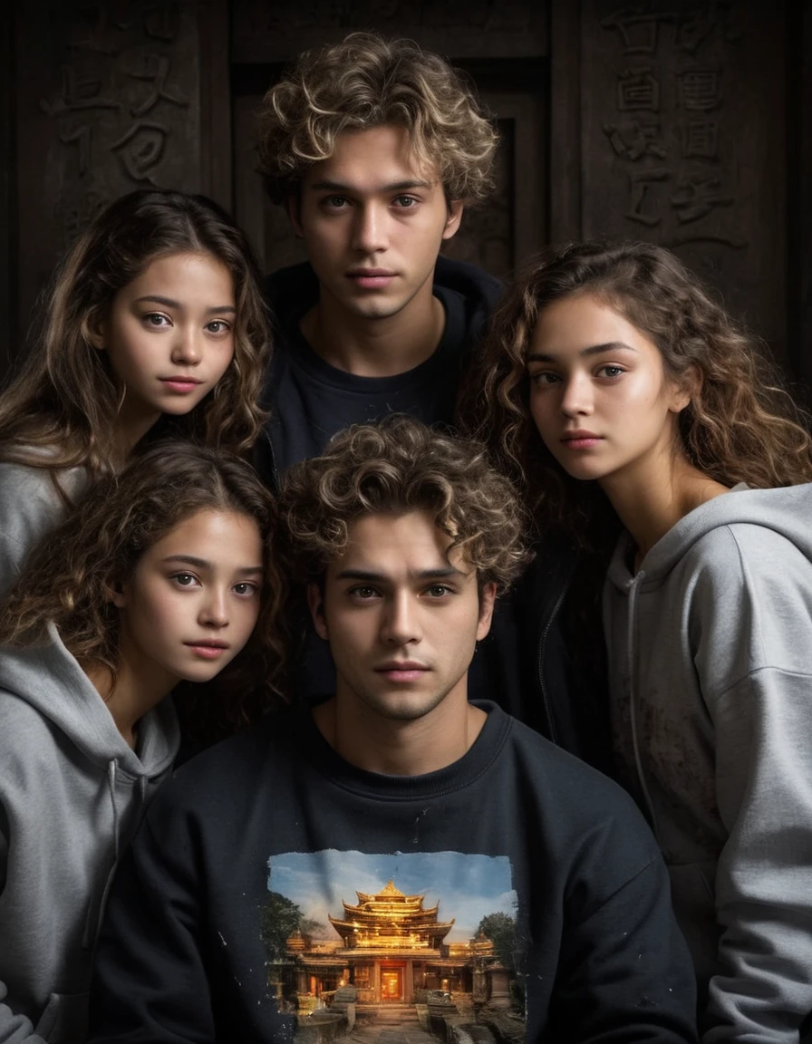 a man with a sweatshirt and messy hair and 3 girls with curly hair going through all their memories that are in photos looking for something, mystery movie, investigation,photorrealistic,14k HD quality,highy detailed,Vibrant,more coherent,super high quality,modern hyper-realistic,black colors, with the title of the film being "THE LEGEND OF THE YORDEN TEMPLE"