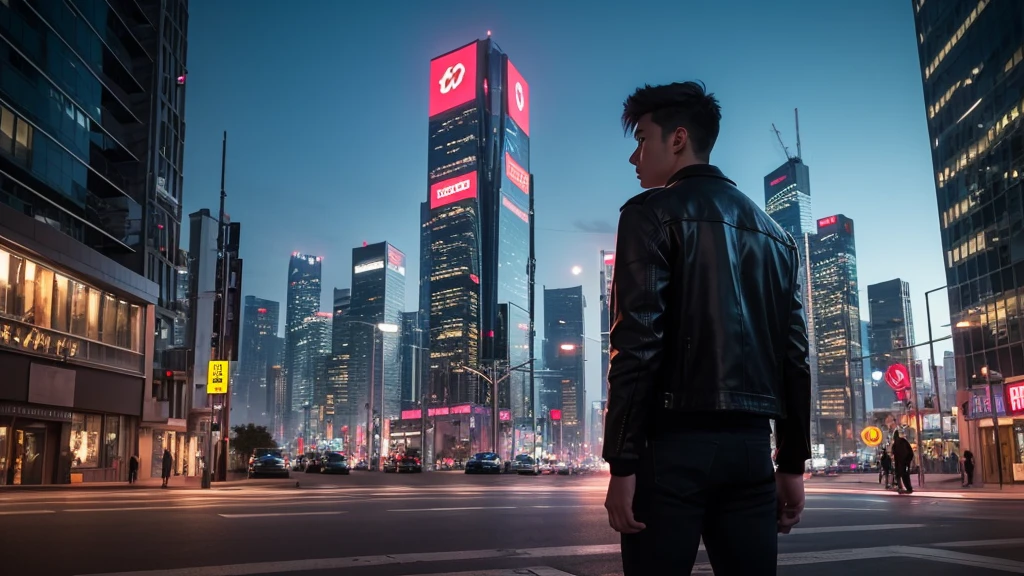 The protagonist is a man in his mid-20s with short hair, wearing a black leather jacket. The setting is a futuristic city at night, with holographic advertisements in the sky and towering skyscrapers in the background. The hero stands on a street corner, looking as if he is searching for something.