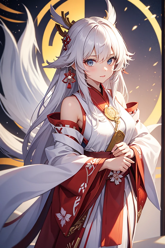 Young beautiful woman with long flowing hair, It resembles the nine-tailed silver fox from Japanese mythology., Wear a dress. Her nine tails fan out behind her. She is smiling, A thoughtful expression appears on her face.. The artwork is of the highest quality, with very detailed features. It is a masterpiece of surrealism, A fascinating play of light. The scene is illuminated by the soft light of fireflies., casting a magical ambiance. The artwork features glittering sequins, add elegance. Final image is rendered using Octane Rendering.