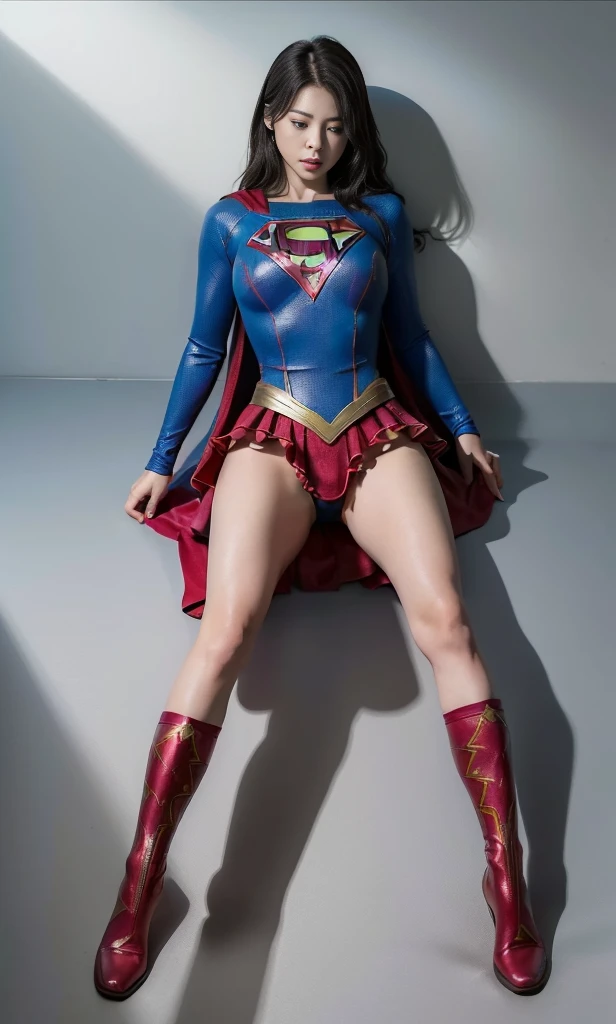 (((Highest quality、8K、masterpiece:1.3))、Supergirl、胸にSupergirlのロゴ、Eyes closed、Head facing down、hang down your neck、Sharp focus:1.2、Beautiful woman with perfect figure:1.4、Slim Abs:1.2、((Layered Cut、Huge boobs:1.2))、Wet body:1.5、非常に詳細な顔と肌の質感Supergirl、Bloodstained、Clothes are shredded、Torn、Highest quality, Familiar, High resolution), 1 Girl, Supergirl、Super Heroine、Bishoujo Warrior、defeat、Lying down&#39;return、fall、knock out、フィットしたSupergirlのコスチューム、Enlarge your breasts、Muscular、alone, From above,sleepy, sleepワイン, Doll joints、sleep、it hurts、it hurts look、syncope、cadaver、Beautiful crotch、High detail、8K