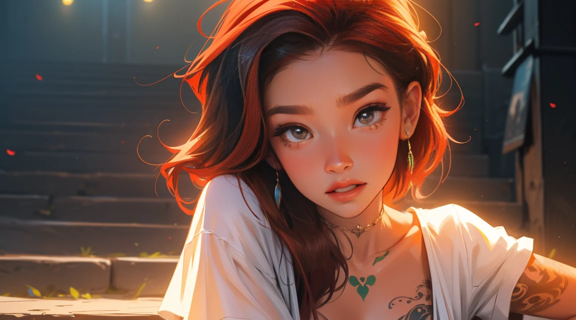 high resolution, Soft light,1womanl, Solo, Hips up, (Detailed face),tattoo, jewelry, t-shirt with rough chest, Beautiful soldiers, Grab the audience's eye, Lover's perspective, Invitation expression, Sexy smile, Perfect style, Perfect balance, Detailed skin, mischievous gaze, chest visible,red hair ,green eyes