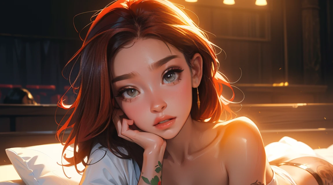high resolution, Soft light,1womanl, Solo, Hips up, (Detailed face),tattoo, jewelry, t-shirt with rough chest, Beautiful soldiers, Grab the audience's eye, Lover's perspective, Invitation expression, Sexy smile, Perfect style, Perfect balance, Detailed skin, mischievous gaze, chest visible,red hair ,green eyes
