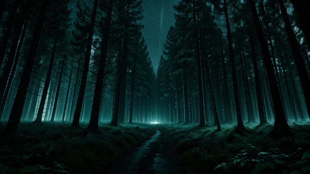 dark wide forest raining at night