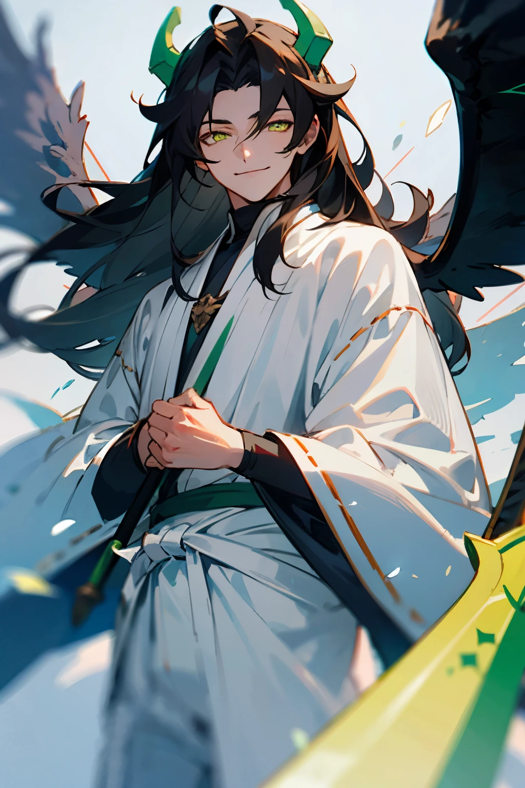 Young man, Male, dark hair, long hair, White horns, glowing Green eyes, smiling, White clothes, obsessed, dark wings, holding a halberd