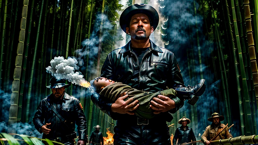 The Captain of the Forest, with the expression of his mouth, uses vowels to speak -- leather jacket, long pants and hunter's boots, with a straw hat, closed, he is injured and is carried by the arms of the men, one on the left side, the other on the right side - - a lot of smoke - he is carried by two henchmen - a lot of smoke - the captain of the forest falls to the ground in the background a bamboo grove