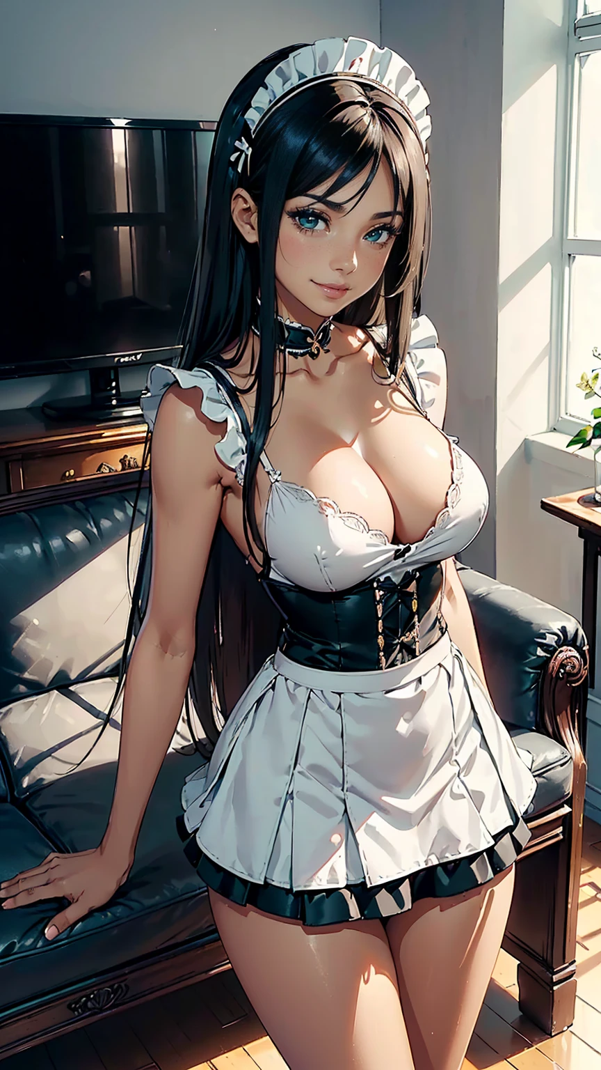 1woman(frontal shot, facing, full figure, 26years old, latina(dark tanned skin), long hair(straight, dark brown, shiny), beautiful face(big green eyes, prominent eyelashes), slim(slender build, very long legs, smooth skin), medium boobs(round, natural, firm), maid uniform(big cleavage, short skirt, revealing, no panties, black heels, maid headdress), shy smile, incredibly hot) standing straight in a living room(minimalistic, grey sofa in the background, wooden floor, white walls, TV), facing the camera, eye contact, best quality, maximum detail, detailed, anime, ecchi, hentai, high resolution
