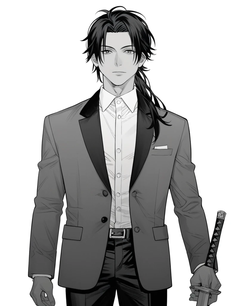 yuto-sano, 1boy, Kaneki, black  hair, unique hairstyle long hair, elegant, monochrome, solo, greyscale, male focus, looking at viewer, holding a sword, front view, FRONT VIEW, FACING CAMERA