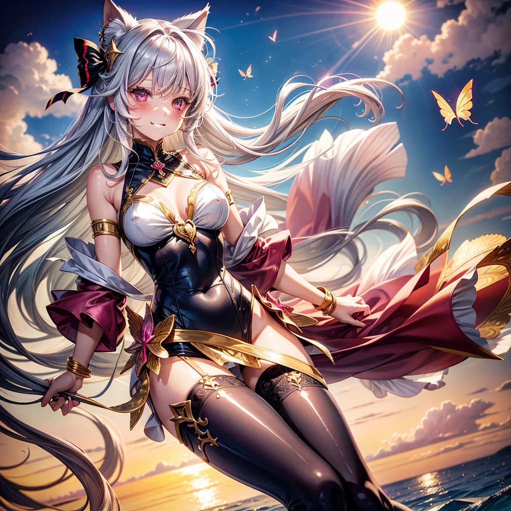 Silver hair, pink eyes, woman, sun and cloud background, red and gold clothes, hair bows, happy face, mermaid outfit, sexy, cat ears, floating butterflies, thigh up, thigh high tights