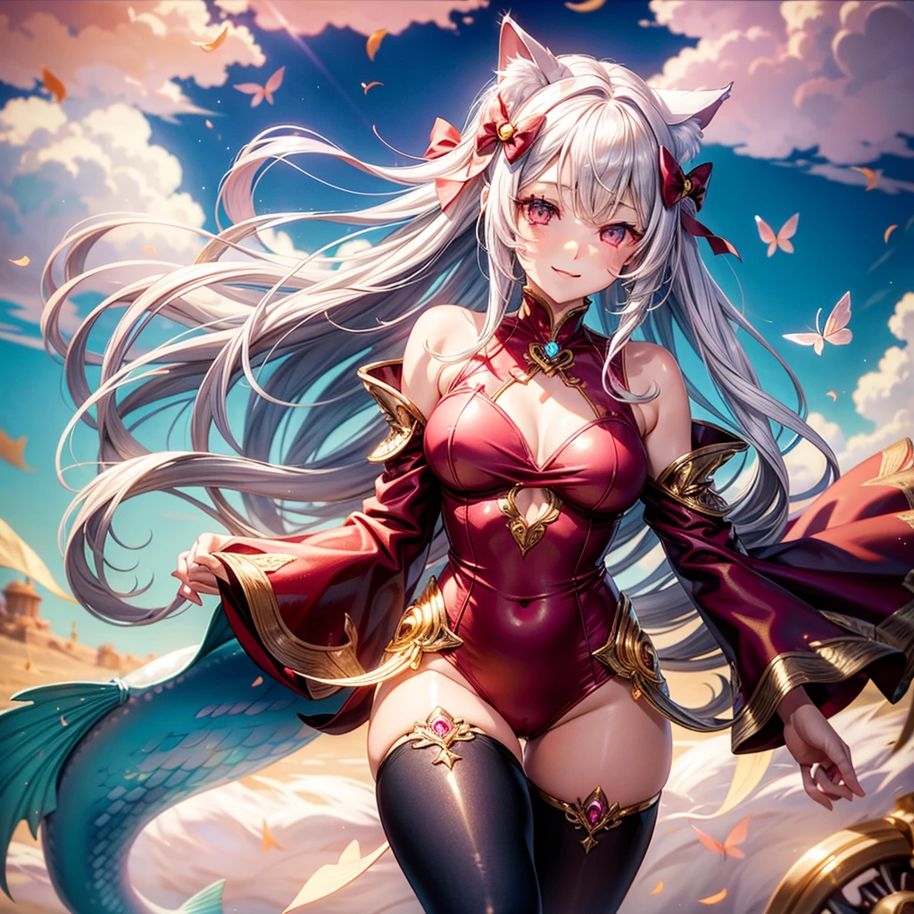 Silver hair, pink eyes, woman, sun and cloud background, red and gold clothes, hair bows, happy face, mermaid outfit, sexy, cat ears, hearts, floating hearts, thigh up, thigh high tights