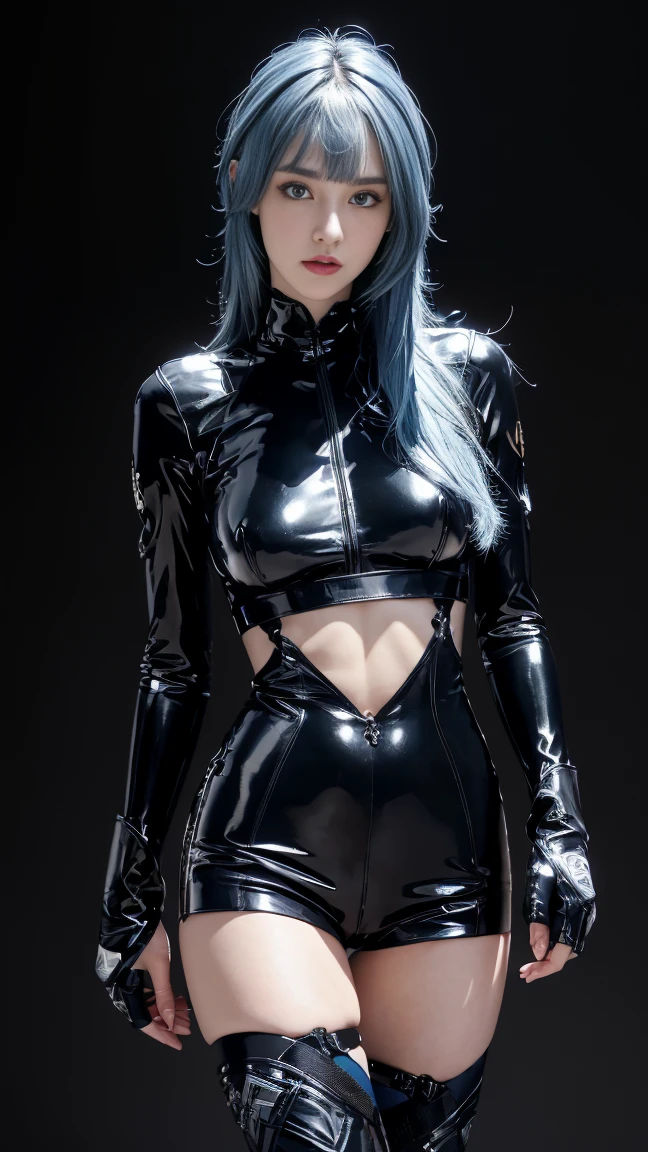 8K, Top Quality, Intricate Details, Ultra Detail, Ultra High Resolution, Masterpiece, close up shot, (full body: 1.1), Slender, Smile, (Makeup: 0.4), (walking), (Fluffy Eyes: 1.21), ((bangs)), 1girl, solo, 1 girl, (((blue hair, bangs, long hair, blue eyes)), (()), close up shot, , ((tall)), (((fit body))), (((slim face))), sharp face, (( spy、、All-black latex combat uniform, Rubber-like clothing)) , (detailed face), sharp face, small lips, ( walking), walk pose, walking pose,
((, )), , ((,)), detailed face, detailed breast, large breast, huge breast, (( )), detail ass, Narrow Waist, Skinny, tall , 175 cm tall, Muscular, Navel, Exposed Abdomen, Pointed Chest,, Beautiful girl with accentuated slender abs: 1.4, Six Pack Abs: 1.4,, Perfect Body, detail leg, (( dark background)), black background,
