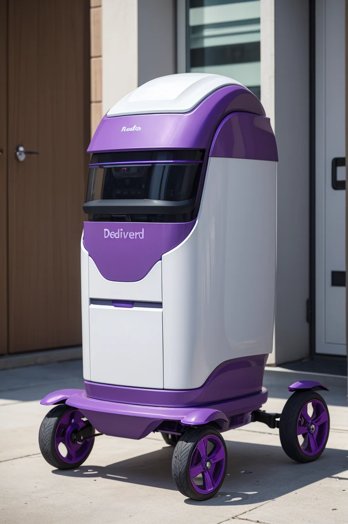 A delivery robot, with a metal plate on the head where medicines are placed, purple, with 3 wheels, 2 large wheels, 1 small, name:understanding;