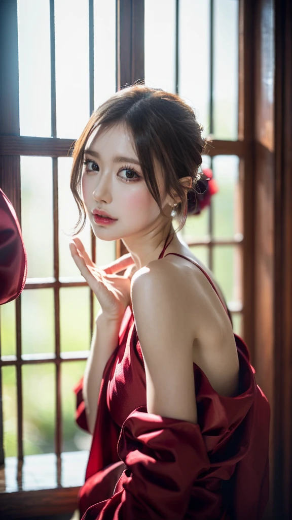 (((HD photo))), ultra high res.photorealistic:. 1.4, UHD1 girl,beautiful detailed eyes,beautiful detailed lips,extremely detailed face,long eyelashes,medium:oil painting,soft lighting,impressionistic style,red colors,beautifully shalwar kameez dressed,wistful expression,standing with one hand on the window frame,gentle breeze blowing her hair,warm sunlight streaming through the window,green plants visible outside the window,soft curtains framing the girl,peaceful atmosphere,serene and tranquil ambiance