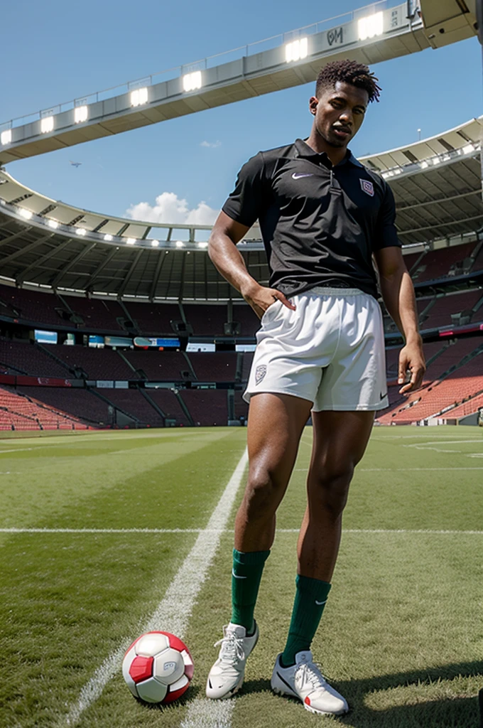 A man just finished playing football and his knees are so wet that his six-pack and dick can be seen. 