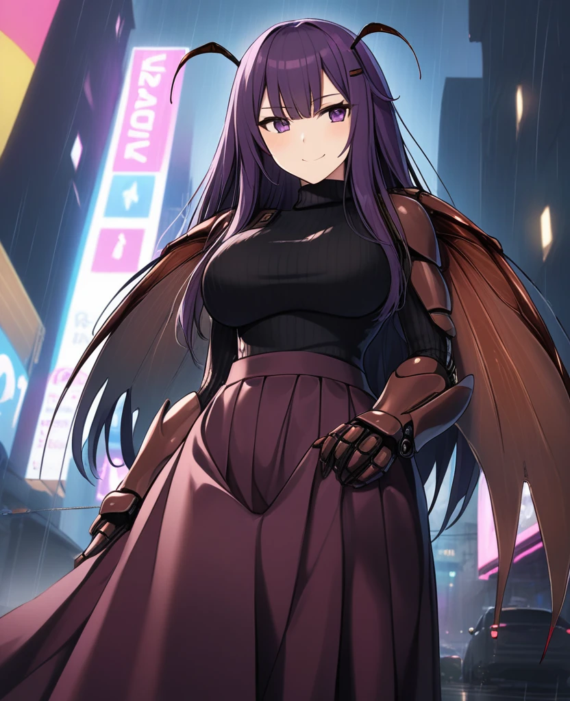 night, Colorful cyberpunk city background, rain, street, (Very long hair:1.25), Dark purple hair, Purple Eyes Shining Eyes, Large Breasts, Turtleneck sweater, (Long skirt:1.25), Colorful Skirts, (Be incontinent:1.5), Stern expression, black, Backlight, shine, Find your audience, Low angle shot, Look up at the camera, Perfect composition, Perfect light and shadow, 8K,Villainess, (Fusion of dark brown cockroach and lady:1.4), (Brown cockroach female:1.2), (Brown cockroach female:1.2), (Fusion:1.2), (alone:1.4), (Wicked Smile:1.2), Muscular, Abdominal muscles, (Brown exoskeleton bio insect suit for cockroach:1.4), (Cockroach brown exoskeleton bio insect armor:1.2), (Brown transparent cockroach wings:1.4), (Antennae of brown cockroaches:1.3),