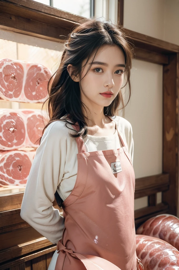 (((best quality))),(((ultra detailed))),(((masterpiece))),illustration, 1girl,female butcher,solo,slim,thin,small breasts,flat chest,(apron covered in greasy stains:1.3), plainradiant face, hint of smile,standing,arms behind back,gentle and innocent nature,spacious warehouse, (The room was full filled with fresh meat:1.5), stark white walls, contrasting red and pink hues, Calm and composure, sense of warmth and humanity, natural lighting, sunlight, silhouette, delicate frame, graceful posture, unique and intriguing moment, resilience and adaptability of the human spirit,indoor,((upper body,from front))