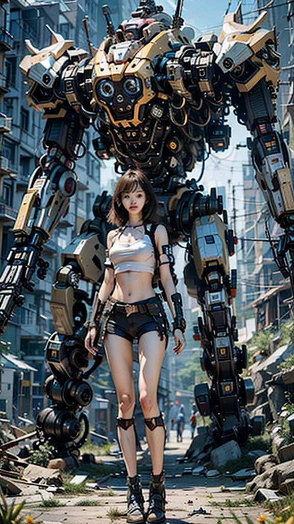 ((masterpiece, best quality)),illustration,ultra detailed 8k,photorealistic,sharp focus,highly detailed,professional lighting,colorful details,iridescent colors BREAK extreme long shot of a factory,large mechanical robot construction,microchip,computer,glowing,intricate details,shitu-mecha,1girl is standing in front of the audience,Navel