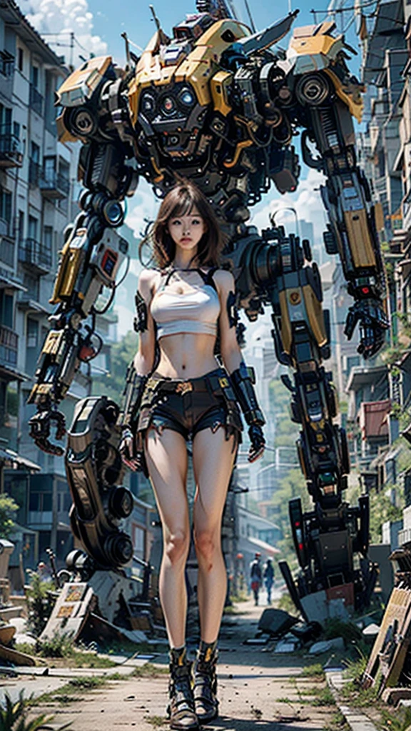 ((masterpiece, best quality)),illustration,ultra detailed 8k,photorealistic,sharp focus,highly detailed,professional lighting,colorful details,iridescent colors BREAK extreme long shot of a factory,large mechanical robot construction,microchip,computer,glowing,intricate details,shitu-mecha,1girl is standing in front of the audience,Navel