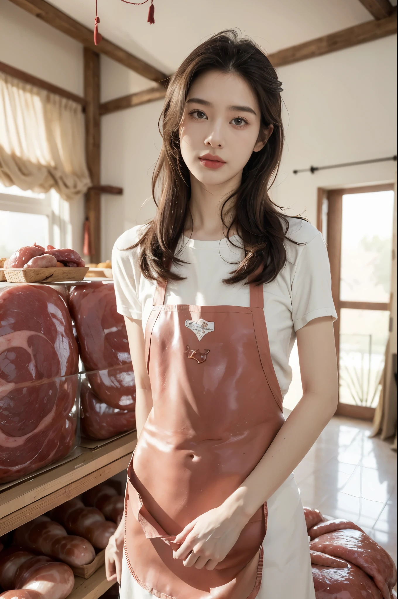 (((best quality))),(((ultra detailed))),(((masterpiece))),illustration, 1girl,female butcher,solo,slim,thin,small breasts,flat chest,(apron covered in greasy stains:1.3), plainradiant face, hint of smile,slender legs,boots,standing,arms behind back,full body, gentle and innocent nature,spacious warehouse, (The room was full filled with fresh meat:1.5), stark white walls, contrasting red and pink hues, Calm and composure, sense of warmth and humanity, natural lighting, sunlight, silhouette, delicate frame, graceful posture, unique and intriguing moment, resilience and adaptability of the human spirit,indoor,((9upper body,from front))