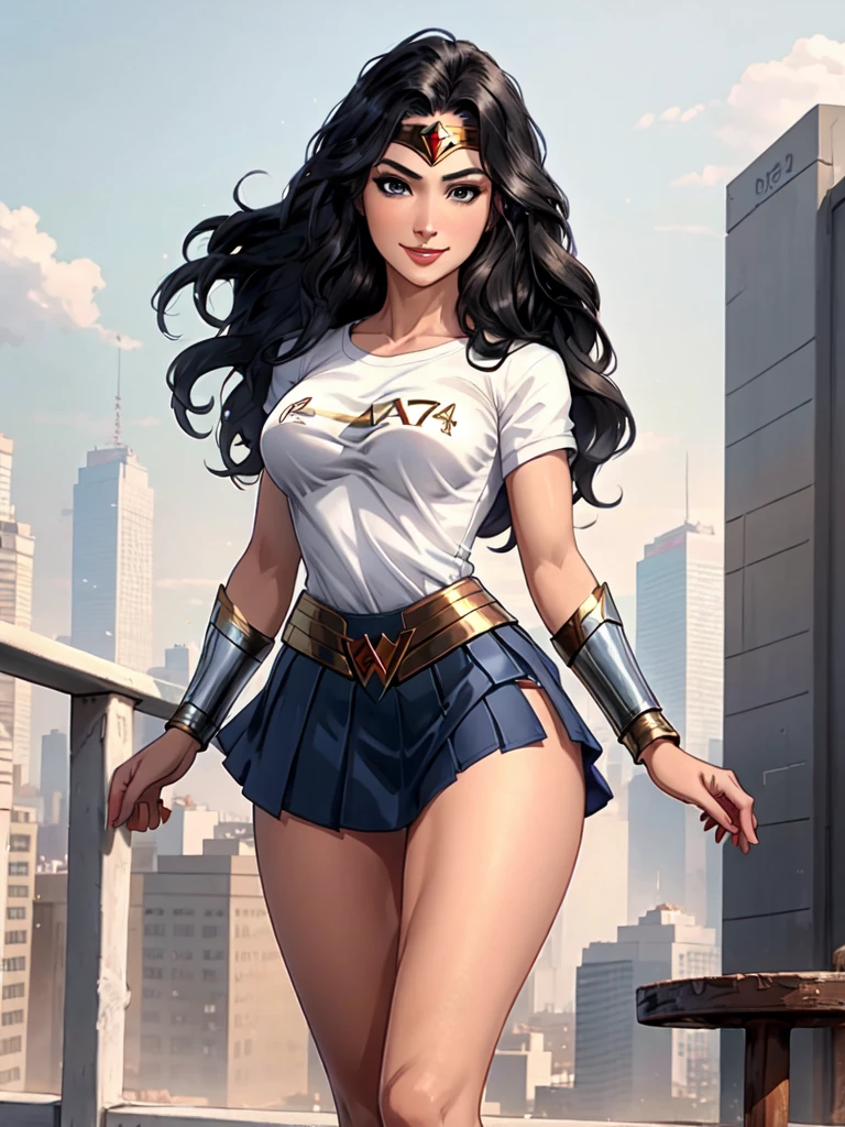 g4lg, wonder woman, ((wearing a white Real Madrid tshirt)), happy, smilling, (pretty face:1.2), (finely detailed face and beautiful eyes), mature female, muscle, bare hands, (armlet, blue armor skirt, bracer, head ring ), (black eyes, black long hair, messy hair, floating hair), ((white Real Madrid tshirt)), (long proportional legs), (best quality:1.1),(city background:1.2), ((masterpiece)), 