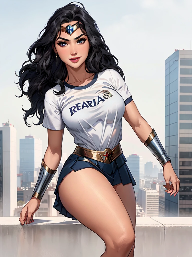 g4lg, wonder woman, ((wearing a white Real Madrid tshirt)), happy, smilling, (pretty face:1.2), (finely detailed face and beautiful eyes), mature female, muscle, bare hands, (armlet, blue armor skirt, bracer, head ring ), (black eyes, black long hair, messy hair, floating hair), ((white Real Madrid tshirt)), (long proportional legs), (best quality:1.1),(city background:1.2), ((masterpiece)), 