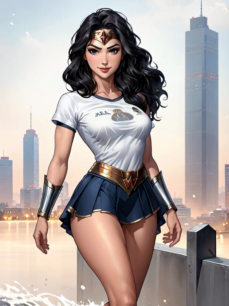 g4lg, wonder woman, ((wearing a white Real Madrid tshirt)), happy, smilling, (pretty face:1.2), (finely detailed face and beautiful eyes), mature female, muscle, bare hands, (armlet, blue armor skirt, bracer, head ring ), (black eyes, black long hair, messy hair, floating hair), ((white Real Madrid tshirt)), (long proportional legs), (best quality:1.1),(city background:1.2), ((masterpiece)), 