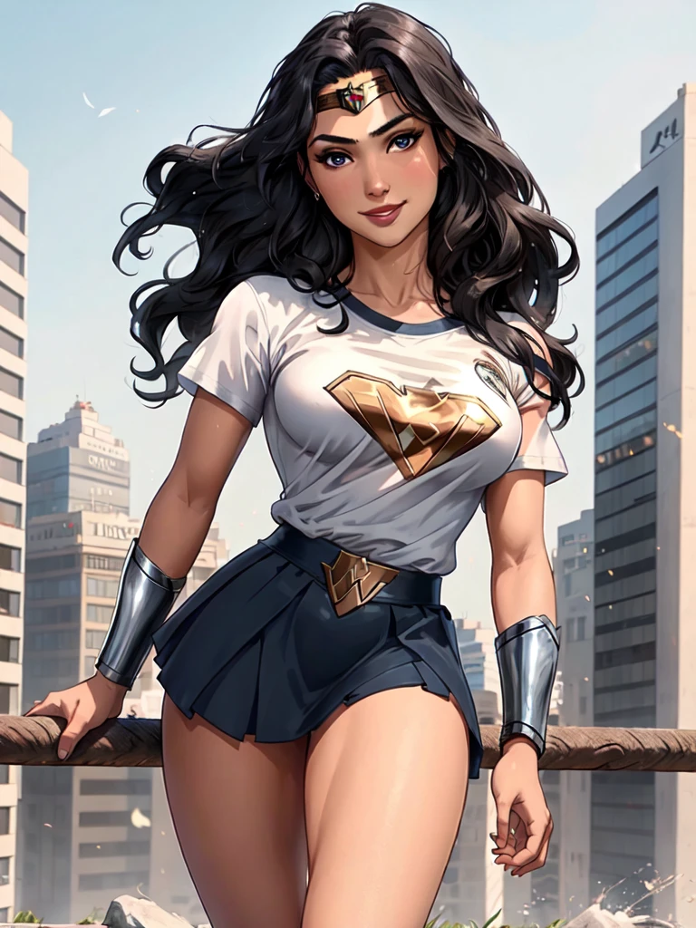 g4lg, wonder woman, ((wearing a white Real Madrid tshirt)), happy, smilling, (pretty face:1.2), (finely detailed face and beautiful eyes), mature female, muscle, bare hands, (armlet, blue armor skirt, bracer, head ring ), (black eyes, black long hair, messy hair, floating hair), ((white Real Madrid tshirt)), (long proportional legs), (best quality:1.1),(city background:1.2), ((masterpiece)), 