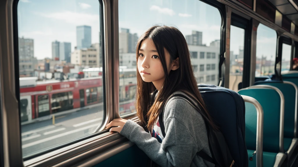 A girl with shoulder-length hair and wearing a is sitting on a bus. The bus is moderately crowded with other students and commuters. She looks out the window with a thoughtful expression as the cityscape passes by, featuring tall buildings and busy streets.