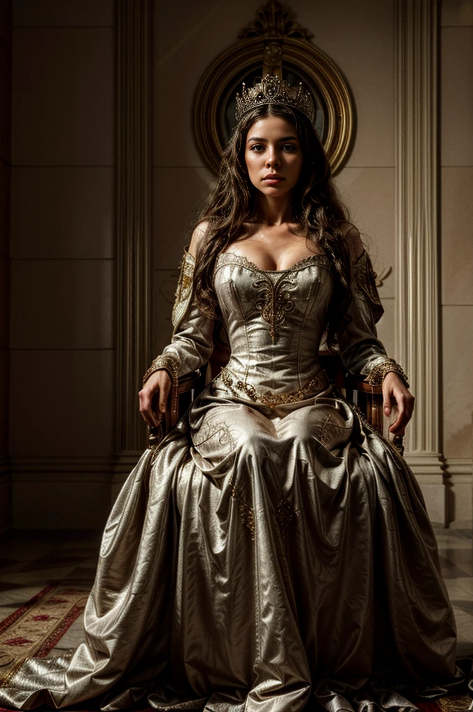 a queen in a medieval european empire style, beautiful intricate crown, elegant flowing gown, regal posture, ornate throne room background, warm lighting, photorealistic, highly detailed, 8k, dramatic lighting, dramatic colors, cinematic composition