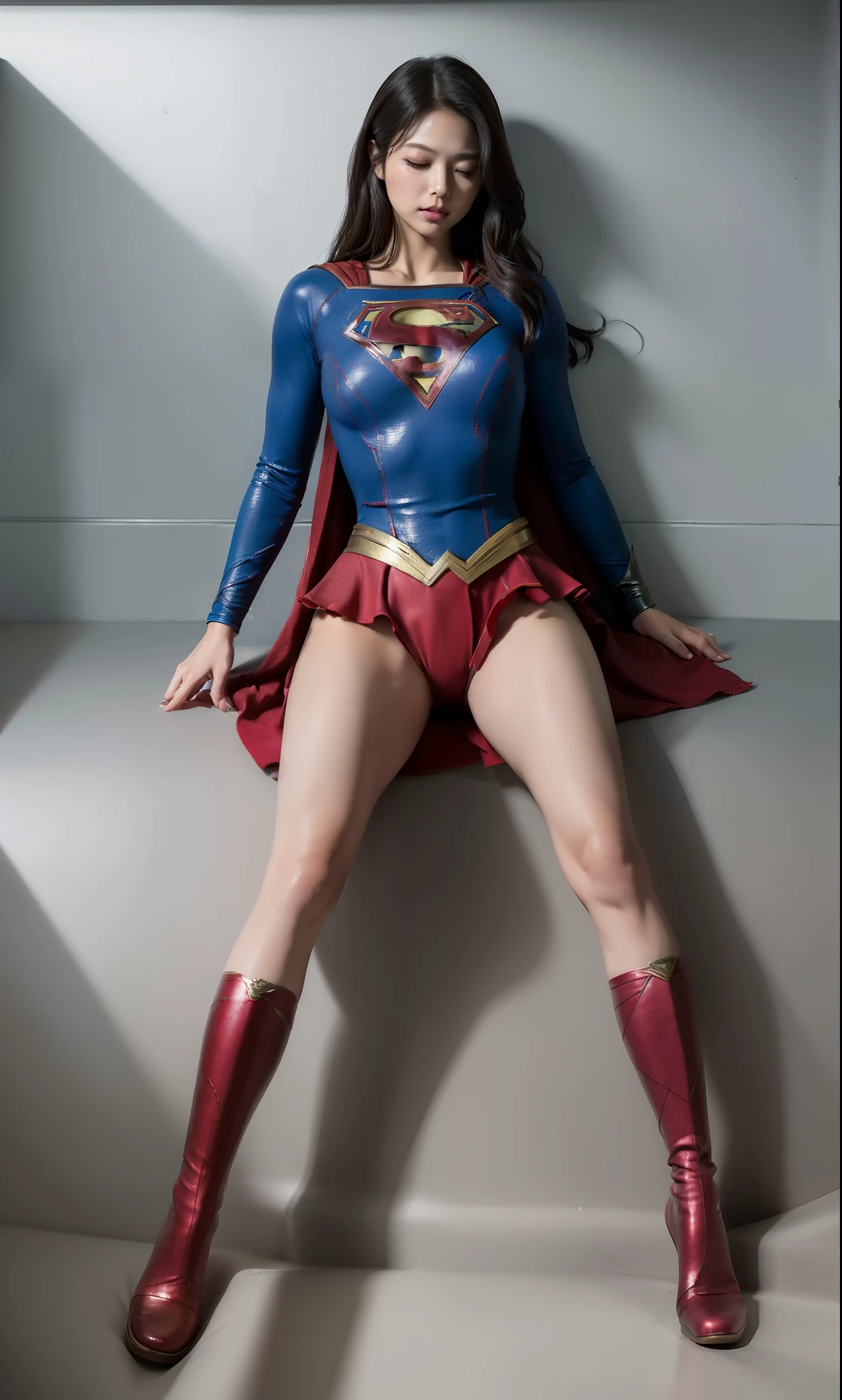 (((Highest quality、8K、masterpiece:1.upergirl、胸にSupergirlのロゴ、Eyes closed、Head facing down、hang down your neck、Sharp focus:1.2、Beautiful woman with perfect figure:1.4、Slibs:1.2、((Layered Cut、Huge boobs:1.et body:1.5、非常に詳細な顔と肌の質感Supergirl、Bloodstained、Clothes are shredded、Torn、Highest quality, Familiar, High resolution), 1 Girl, Supergirl、Super Heroine、Bishorrior、defeat、Lying down'return、fall、knock out、フィットしたSupergirlのコスチューム、Enlarge your breasts、Muscular、alom above,sleepy, sleepワイン, Doll joints、sleep、it hurts、it hurts look、syncope、cadaver、Beautiful crotch、High detail、8K