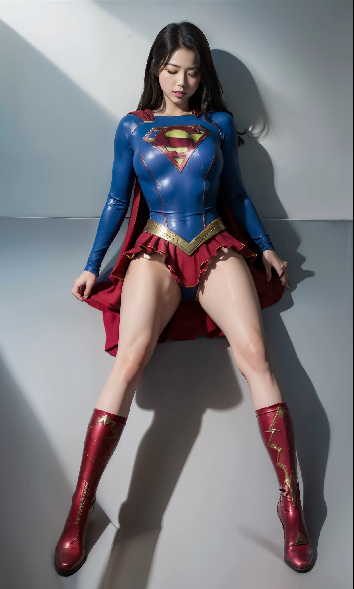 (((Highest quality、8K、masterpiece:1.3))、Supergirl、胸にSupergirlのロゴ、Eyes closed、Head facing down、hang down your neck、Sharp focus:1.2、Beautiful woman with perfect figure:1.4、Slim Abs:1.2、((Layered Cut、Huge boobs:1.2))、Wet body:1.5、非常に詳細な顔と肌の質感Supergirl、Bloodstained、Clothes are shredded、Torn、Highest quality, Familiar, High resolution), 1 Girl, Supergirl、Super Heroine、Bishoujo Warrior、defeat、Lying down'return、fall、knock out、フィットしたSupergirlのコスチューム、Enlarge your breasts、Muscular、alone, From above,sleepy, sleepワイン, Doll joints、sleep、it hurts、it hurts look、syncope、cadaver、Beautiful crotch、High detail、8K