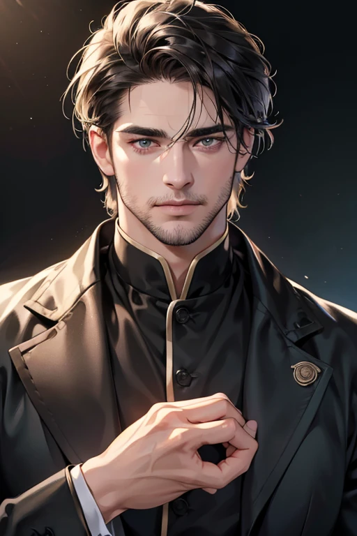 (best quality,4k,8k,highres,masterpiece:1.2),ultra-detailed,(realistic,photorealistic,photo-realistic:1.37),30 year old man,3 day beard,handsome anime,portraits,strong,masculine,dark hair,sharp jawline,mesmerizing eyes,perfectly styled hair,cool anime outfit,confident expression,vibrant colors,dynamic lighting, CEO and expression smile in love.