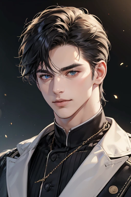 (best quality,4k,8k,highres,masterpiece:1.2),ultra-detailed,(realistic,photorealistic,photo-realistic:1.37),30 year old man,3 day beard,handsome anime,portraits,strong,masculine,dark hair,sharp jawline,mesmerizing eyes,perfectly styled hair,cool anime outfit,confident expression,vibrant colors,dynamic lighting, CEO and expression smile in love.