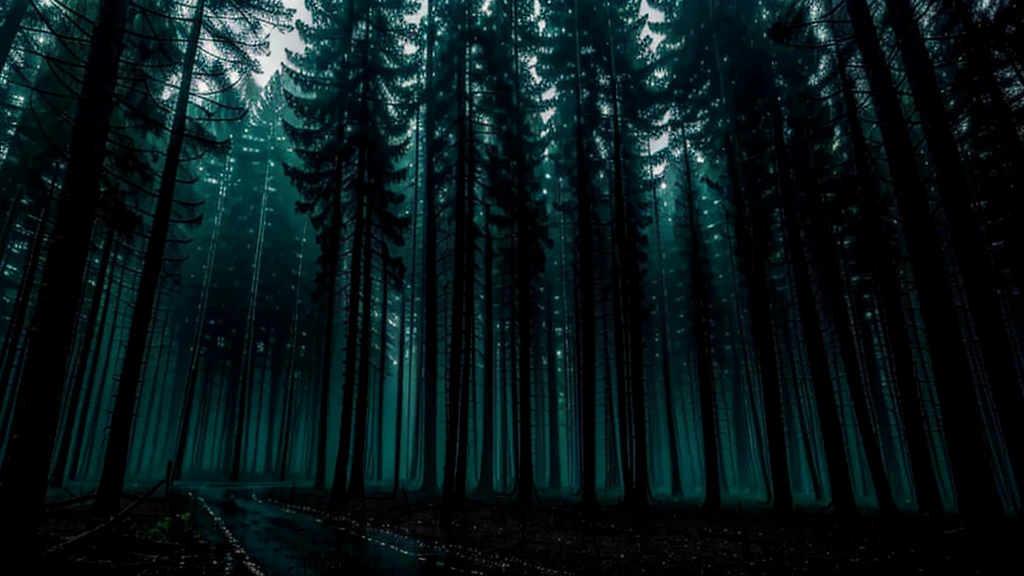 dark wide forest raining at night