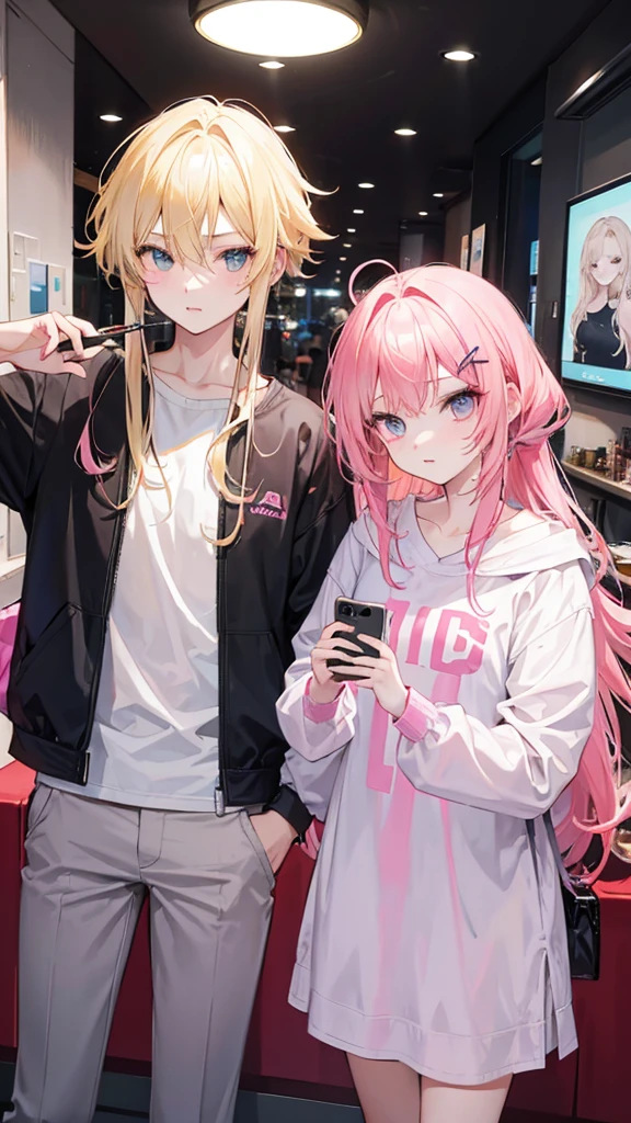 young man,blonde hair combed to the side, taking a selfie with a girl with long pink hair