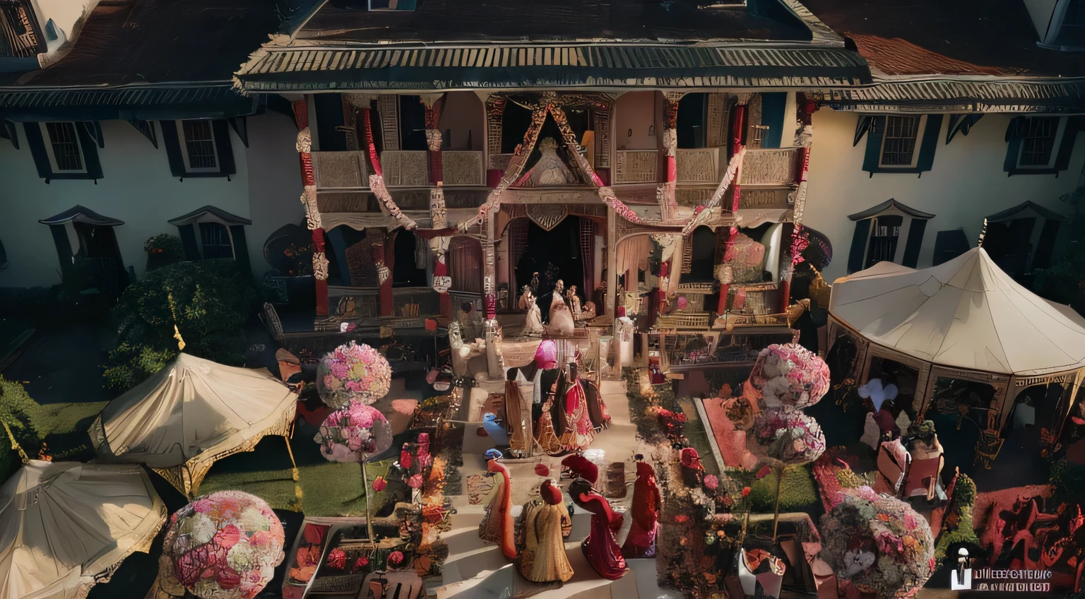 /imagine prompt: Aerial shot of a grand Punjabi wedding venue, a traditional house with colorful decorations and floral arrangements. The courtyard is filled with guests, lively activity, and musicians. Bright daylight enhances the colors and details. Created Using: aerial photography, festive colors, dynamic composition, realistic depiction, Indian wedding theme, natural sunlight, vibrant lighting, intricate decor, hd quality, natural look --ar 16:9 --v 6.0