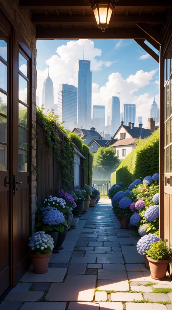 A highly detailed, photorealistic, 8K resolution photograph of a scenic landscape featuring a bridge, buildings, bushes, a city skyline, clouds, a door, a fence, a field, a forest, a garden, grass, a house, hydrangeas, mountains, nature, no people, an outdoor path, plants, potted plants, purple flowers, a road, scenery, the sky, skyscrapers, and trees, captured with advanced techniques like photon mapping, radiosity, and physically-based rendering, resulting in a masterpiece of realistic and vivid color tones.